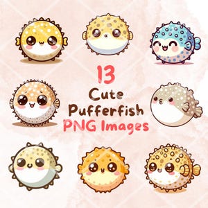 Kawaii Pufferfish Bundle, 13pcs PNG clipart, Transparent Background, Cute Cartoon Digital Art Sticker Images, High quality