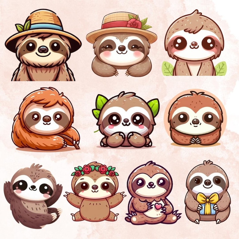 Kawaii Sloth Clipart Bundle, Cute Cartoon Animal PNG Images (18pcs ...