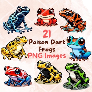 Kawaii Cute Poison Dart Frogs Clipart Bundle, 21 PNG clipart, Transparent Background, Cartoon Amphibian Digital Art Sticker Illustrations