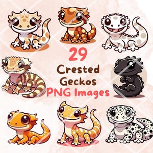 Kawaii Cute Crested Geckos Clipart Bundle, 29pcs PNG clipart, Transparent Background, Cartoon Reptile Digital Art Sticker Illustrations