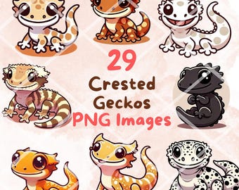 Kawaii Cute Crested Geckos Clipart Bundle, 29pcs PNG clipart, Transparent Background, Cartoon Reptile Digital Art Sticker Illustrations