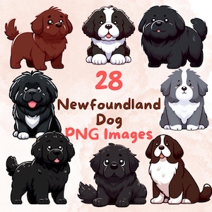 Kawaii Cute Newfoundland Dog Bundle, 28pcs PNG clipart, Transparent Background, Cartoon Puppy Digital Art Sticker Images, High quality