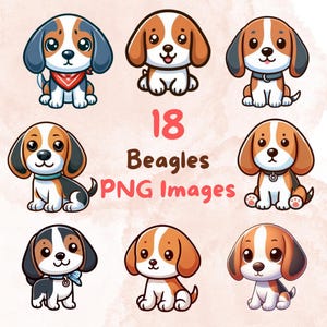 Kawaii Beagle Dog Bundle, 18 pcs PNG clipart, Transparent Background, Cute Cartoon Puppy Digital Art Sticker Images