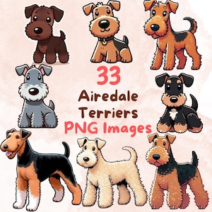 Bundle de chien mignon Airedale Terrier kawaii, 33 cliparts PNG, fond Transparent, dessin animé chiot Art numérique Images autocollant