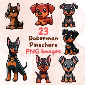 Kawaii Cute Doberman Dog Bundle, 23pcs PNG clipart, Transparent Background, Cartoon Puppy Digital Art Sticker Images, High quality