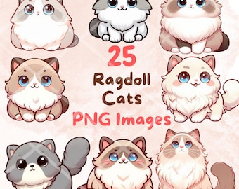 May include: A collection of nine cartoon Ragdoll cats in various poses. The cats have fluffy fur in shades of white, gray, and brown, with blue eyes. The image includes the text "25 Ragdoll Cats PNG Images".