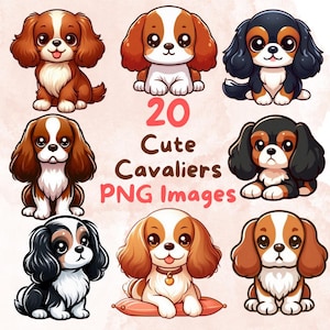 Kawaii Cute Cavalier King Charles Spaniel Dog Bundle, 20pcs PNG clipart, Transparent Background, Cartoon Puppy Digital Art Sticker Images