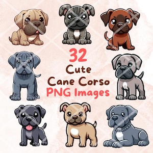 Kawaii süßes Cane Corso Hunde-Bundle, 32 Stück PNG Clipart, transparenter Hintergrund, Cartoon Welpe Digital Art Sticker Bilder