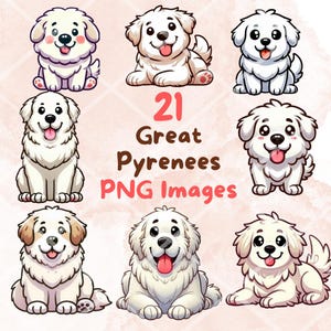 Bundle kawaii mignon chien des Pyrénées, 21 pcs PNG clipart, fond Transparent, dessin animé chiot Art numérique Sticker Images