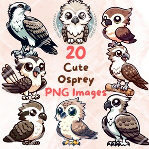 May include: A collection of 20 cute osprey PNG images. The illustrations feature various cartoon ospreys in different poses, with brown, white, and black feathers. The text "20 Cute Osprey PNG Images" is displayed in the center.