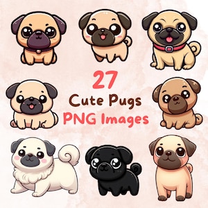 Kawaii Cute Pugs Dog Bundle, 27pcs PNG clipart, Transparent Background, Cute Cartoon Digital Art Sticker Images, High quality