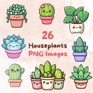 Kawaii Houseplants Bundle, 26 pezzi PNG clipart, sfondo trasparente, simpatici cartoni animati Digital Art Plant Giardinaggio Adesivi Immagini, alta qualità