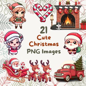 Kawaii Cute Christmas Holiday Bundle #1, 21pcs PNG clipart, Transparent Background, Cartoon Digital Art Sticker Images, High quality