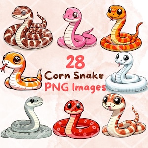 Bundle de cliparts Kawaii mignons serpents des blés, 28 pcs PNG clipart, fond Transparent, reptiles de dessin animé Art numérique autocollant Illustrations