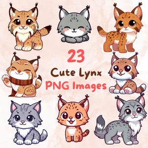 Kawaii Cute Lynx Cats Bundle, 23pcs PNG clipart, Transparent Background, Cute Cartoon Digital Art Wild Cat Sticker Images, High quality