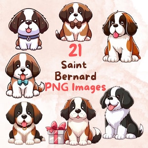 Kawaii Cute Saint Bernard Dog Bundle, 21pcs PNG clipart, Transparent Background, Cartoon Puppy Digital Art Sticker Images