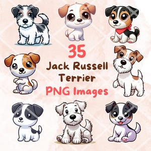 Kawaii Cute Jack Russell Terrier Dog Bundle, 35 PNG clipart, Transparent Background,  Cartoon Digital Art Sticker Images, High quality