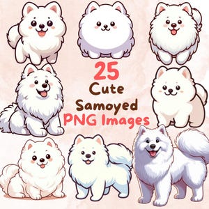 Kawaii Cute Samoyed Dog Bundle, 25 PNG Clipart Images, Transparent Background, Cartoon Puppy Digital Art Stickers, High Quality
