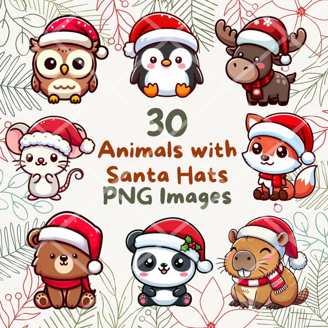 Kawaii Christmas Animals Clipart Bundle 1: 30 PNG Images (digital ...