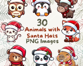 May include: 30 digital images of cute animals wearing Santa hats. The animals include a penguin, owl, reindeer, fox, mouse, bear, panda, and beaver. The images are in a cartoon style and are perfect for Christmas crafts, scrapbooking, or digital design.