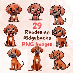 Kawaii Cute Rhodesian Ridgeback Clipart Bundle, 29pcs PNG clipart, Transparent Background, Cartoon Puppy Digital Art Sticker Illustrations