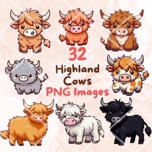 May include: A collection of 32 cartoon Highland cow PNG images. The cows are depicted in various colors, including brown, orange, gray, and black, with fluffy fur and horns. The text "32 Highland Cows PNG Images" is displayed.