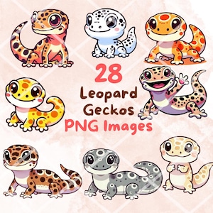 Bundle de cliparts kawaii mignon léopard geckos, 28 pcs PNG clipart, fond Transparent, reptiles de dessin animé Art numérique autocollant Illustrations