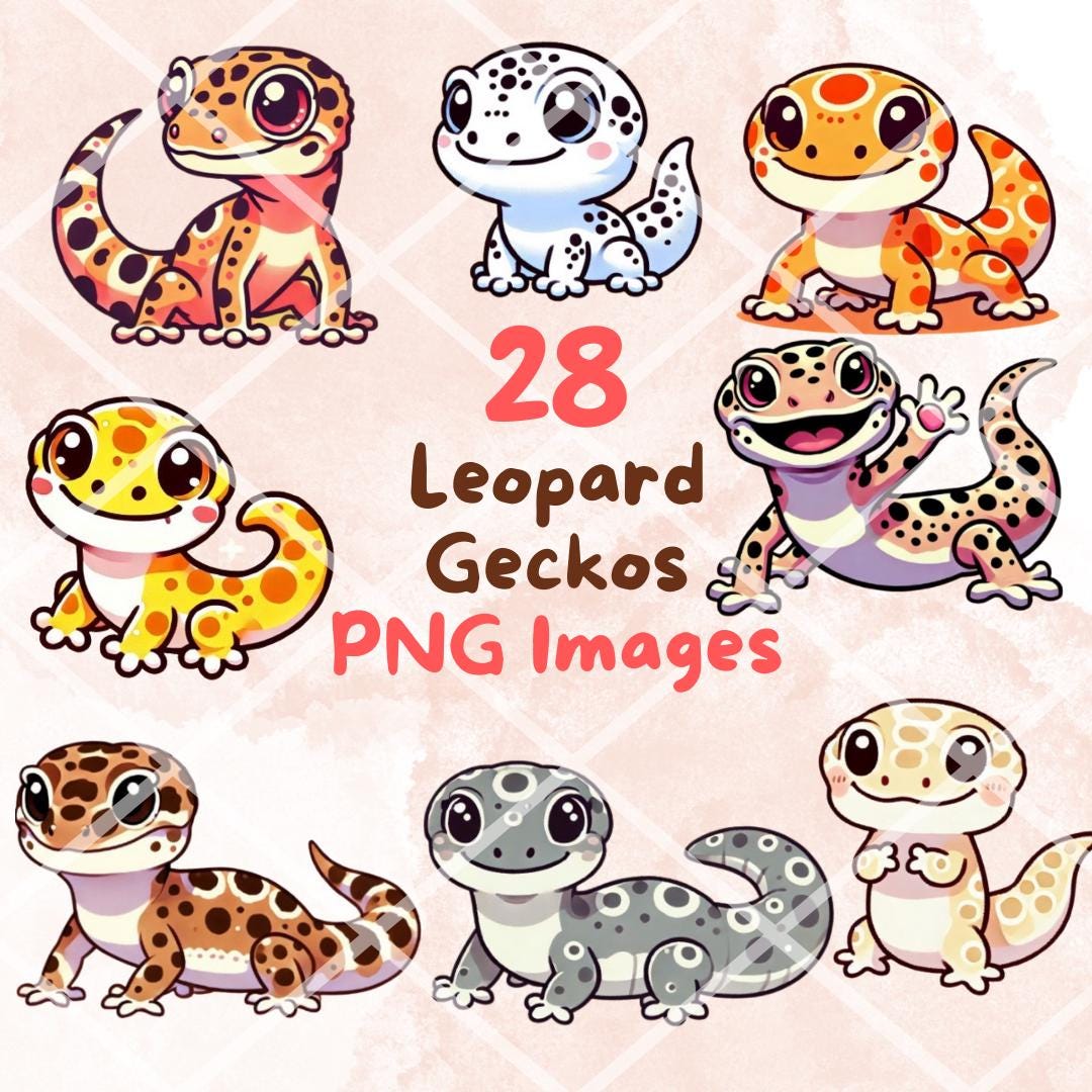 Kawaii Cute Leopard Geckos Clipart Bundle, 28pcs PNG clipart, Transparent Background, Cartoon Reptile Digital Art Sticker Illustrations