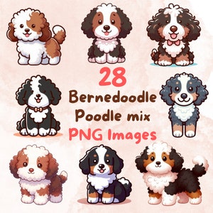 Kawaii Bernedoodle Pudel-Mix-Hundepaket, transparenter Hintergrund, niedliche Cartoon-Digital-Kunst-Aufkleber, hohe Qualität