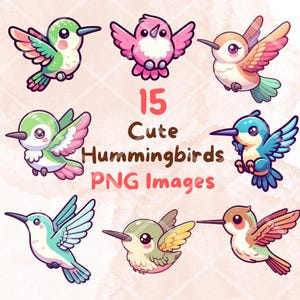 Paquete de colibríes kawaii, 15 imágenes PNG, fondo transparente, lindas pegatinas de arte digital de dibujos animados, alta calidad.