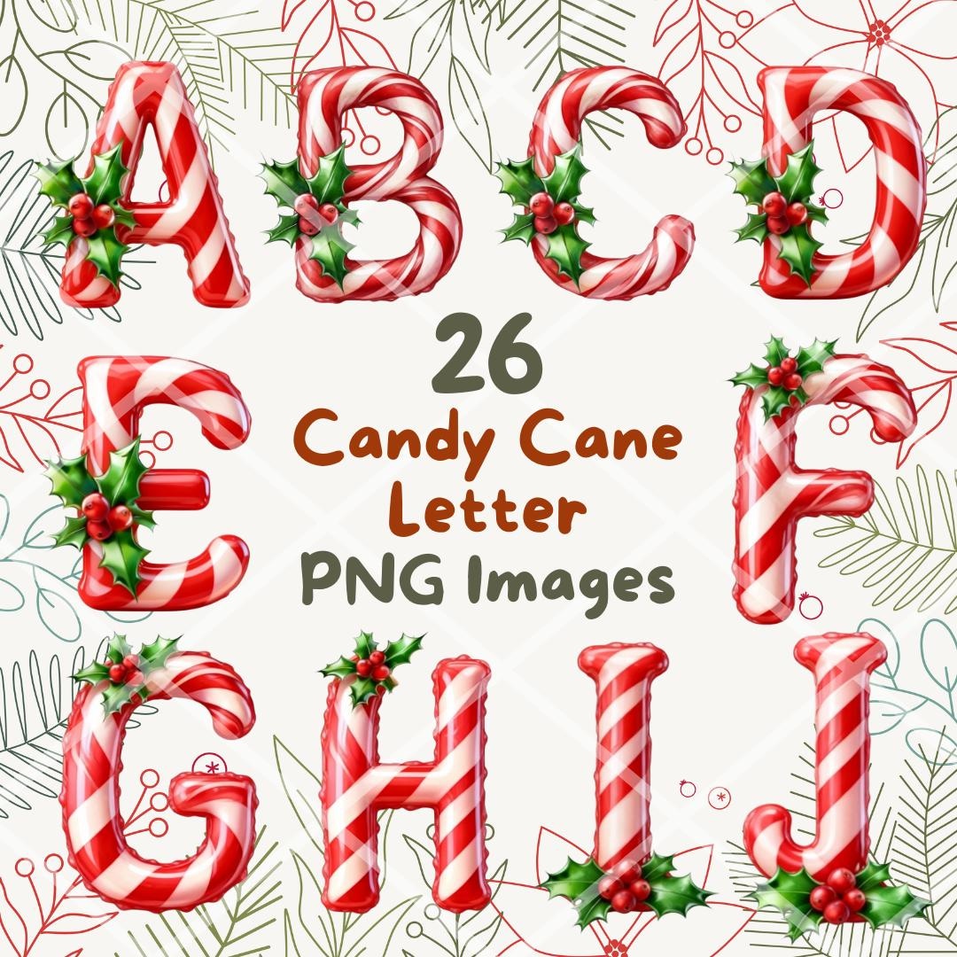 Candy Cane Letters Bundle, 26 PNG Alphabet Clipart, Cartoon Digital Art ...