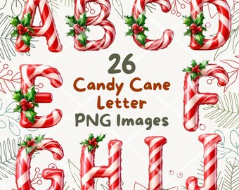 Candy Cane Letters Bundle, 26 PNG Alphabet clipart, Cartoon Digital Art Sticker Images