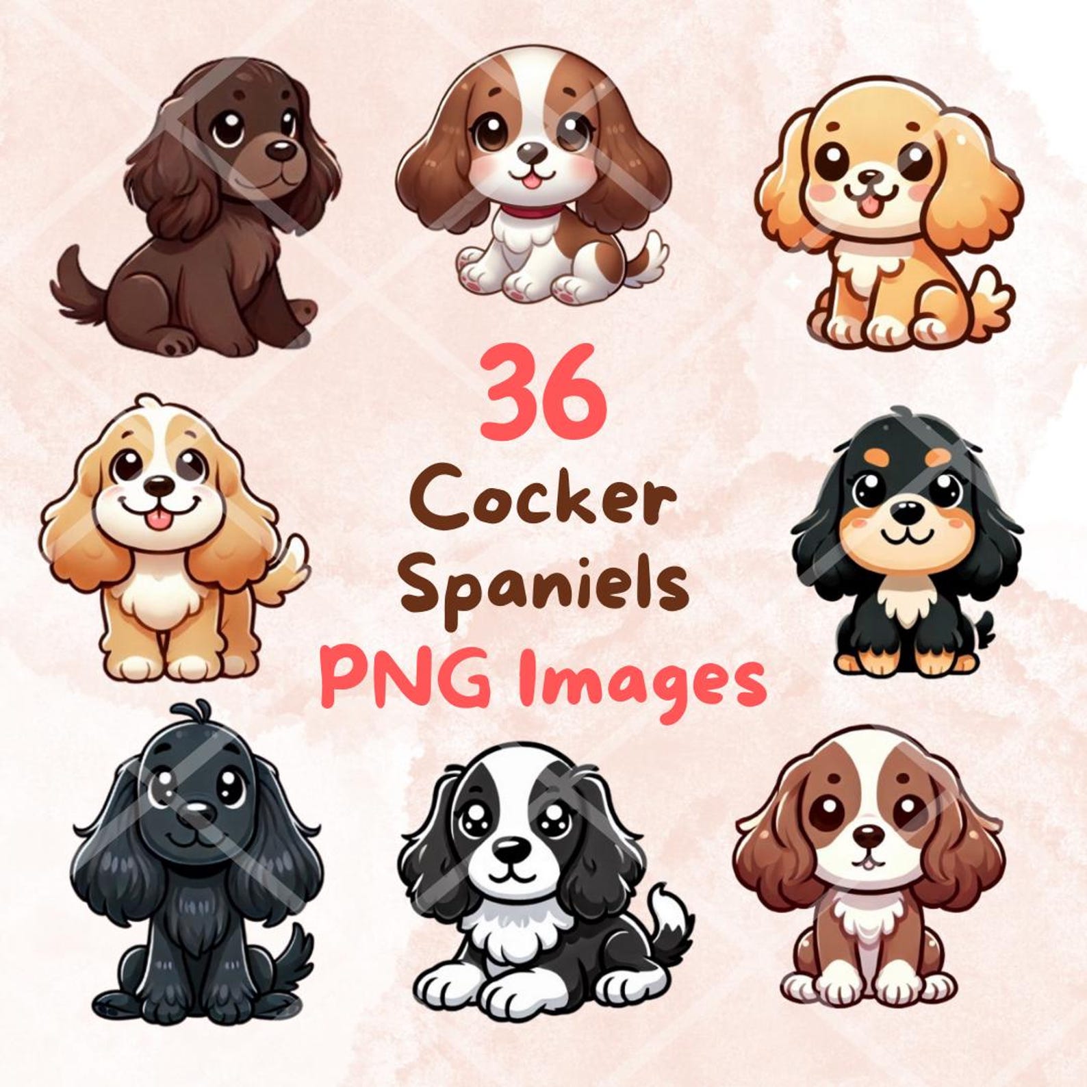 Kawaii Cocker Spaniel Clipart Bundle: 36 PNG Puppy Stickers (digital ...