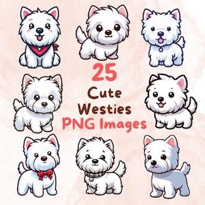 Kawaii Cute Westie Dog Bundle, 25pcs PNG clipart, Transparent Background, Cartoon Digital Puppy Art Sticker Images, High quality