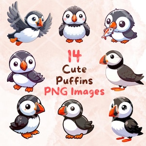Kawaii Cute Puffin Bird Bundle, 14pcs PNG clipart, Transparent Background, Adorable Cartoon Digital Art Sticker Images, High quality