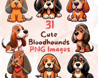 May include: A collection of 31 cartoon-style bloodhound images in various poses. The dogs are depicted in shades of brown, black, and orange, with large, expressive eyes. The text "31 Cute Bloodhounds PNG Images" is displayed in pink and red.