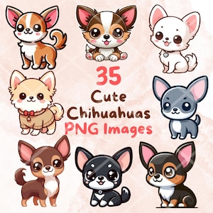 Kawaii Cute Chihuahua Dog Bundle, 35pcs PNG clipart, Transparent Background, Cartoon Digital Art Puppy Sticker Images, High quality