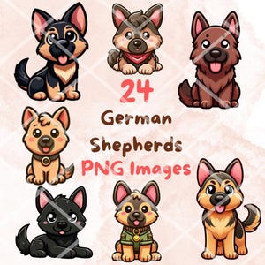 Ensemble mignon de chien de berger allemand kawaii, 24 pièces clipart PNG, fond Transparent, images autocollantes d'art numérique dessin animé mignon, haute qualité