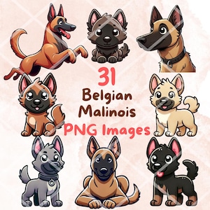 Può includere: Una collezione di 31 immagini di cani pastore belga malinois a cartoni animati in formato PNG. I cani sono raffigurati in varie pose e colori, tra cui marrone, nero e grigio. Il testo "31 Belgian Malinois PNG Images" è visualizzato.