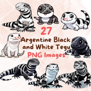 Paquete de imágenes prediseñadas de tegu argentino kawaii en blanco y negro, 27 imágenes PNG, fondo transparente, pegatinas digitales de reptiles de dibujos animados