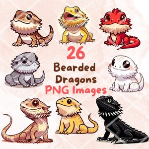 Kawaii Cute Bearded Dragons Clipart Bundle #2, 26 PNG clipart, Transparent Background, Cartoon Reptile Digital Art Sticker Illustrations