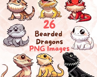 Kawaii Cute Bearded Dragons Clipart Bundle #2, 26 PNG clipart, Transparent Background, Cartoon Reptile Digital Art Sticker Illustrations