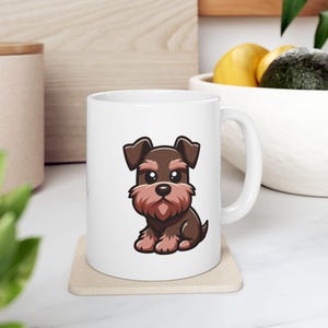 Kawaii Brown Schnauzer Dog Ceramic Mug, Cute Cartoon White Coffee Cup for Dog Lovers, Pet Owner Gift, Puppy Lover Tea Mug, Animal Lover