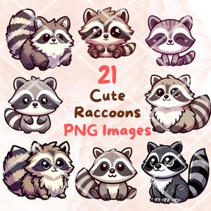 Bundle de cliparts mignon raton laveur kawaii, 21 cliparts PNG, fond Transparent, dessin animé faune animaux Art numérique autocollant Illustrations