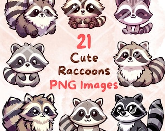May include: A set of 21 cute cartoon raccoon illustrations in various poses. The raccoons are drawn in a kawaii style with big eyes and small noses. They are all wearing different expressions, some are smiling, some are looking curious, and some are looking mischievous. The illustrations are perfect for use in digital scrapbooking, card making, or other creative projects.