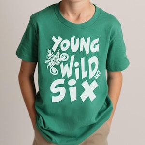 Young Wild and Six Birthday Youth Short Sleeve Tee | Kids Moto 6th Birthday Dirt Bike Tees | Dirt Bike Motocross Youth Birthday T-Shirt