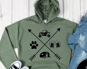 UTVs Dogs and Beer Camping Unisex Adult Hoodie or Crew Neck Sweatshirt UTV SxS Side by Side Family Camping Sweatshirt