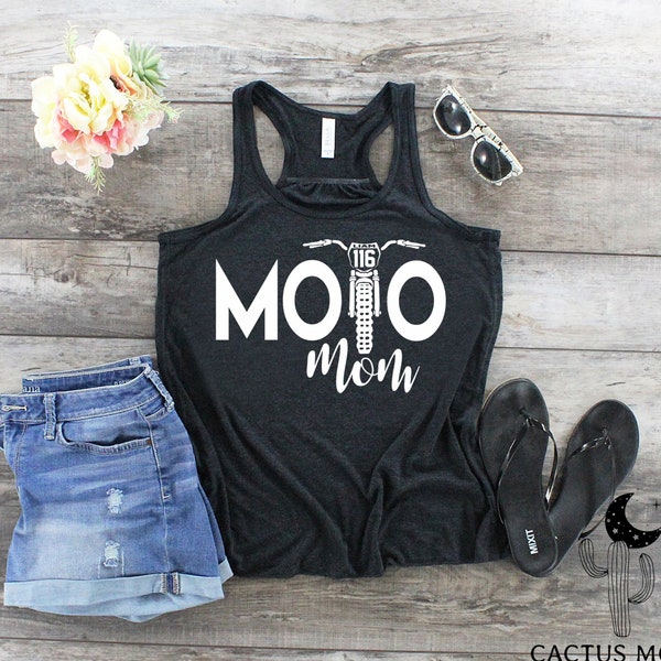 Ladies Personalized Moto Mom Dirt Bike Flowy Gathered Back Tank Personalized With Your Name and Number on the Bike Moto Mom Race Day Shirt