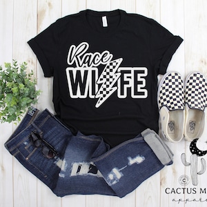 Race Wife With Checkered Lightning Bolt Shirt Short Sleeve, V-Neck or Long Sleeve T-Shirt, Rad Race Wife Race Day Shirts
