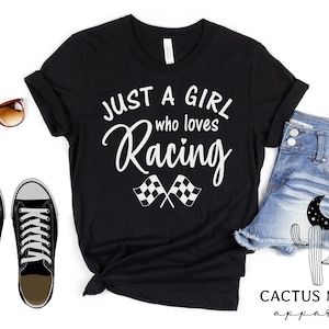 Just A Girl Who Loves Racing Shirt, Adult Short, V-Neck or Long Sleeve T-Shirt, Youth or Toddler Short Sleeve Race Day Shirt